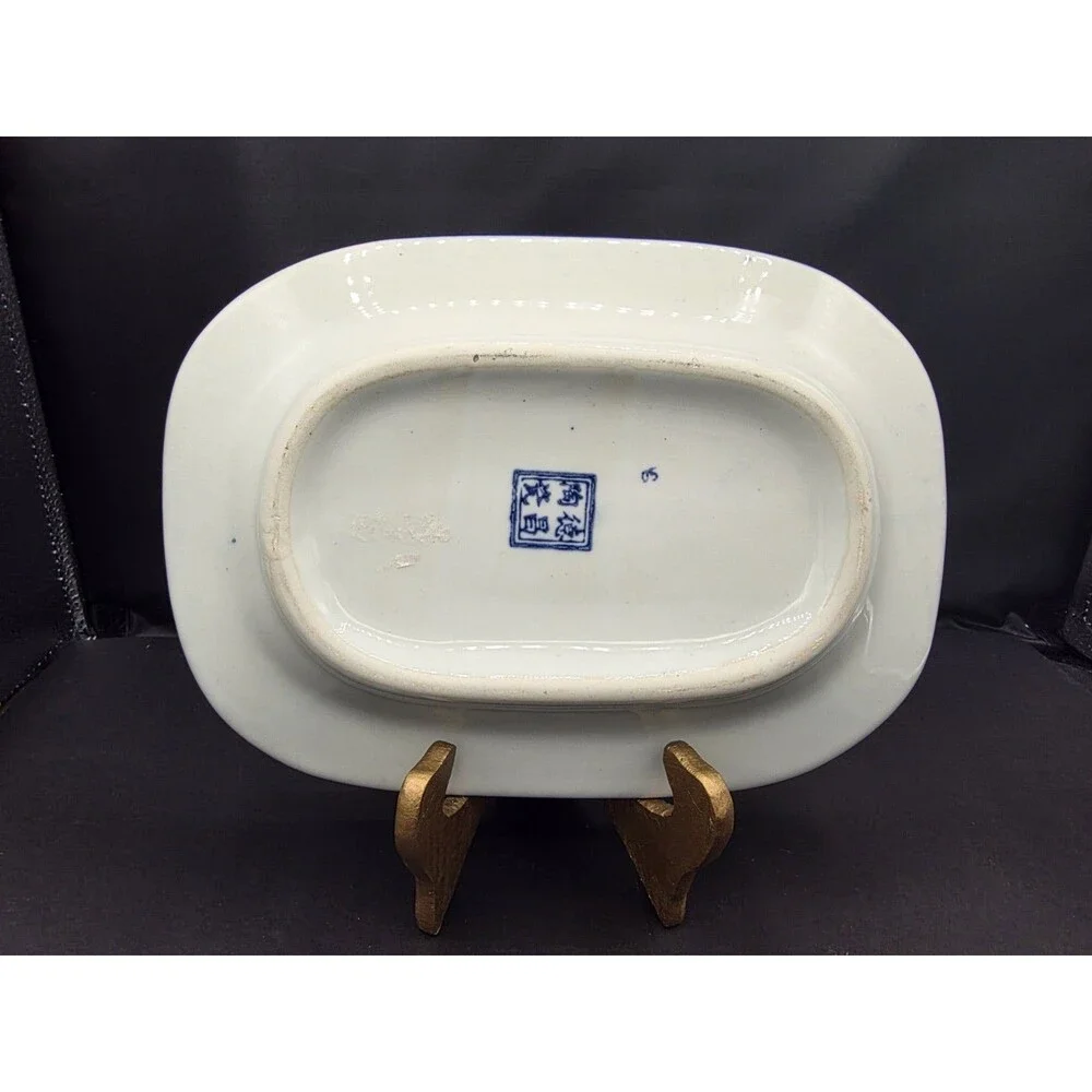 Vintage Flow Blue White Chinese Rooster Bread Platter - Just Displayed - EUC